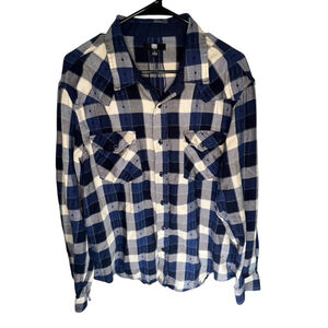 NWOT Frye Blue And White Flannel Button Up Shirt With Blue Stitching Detail